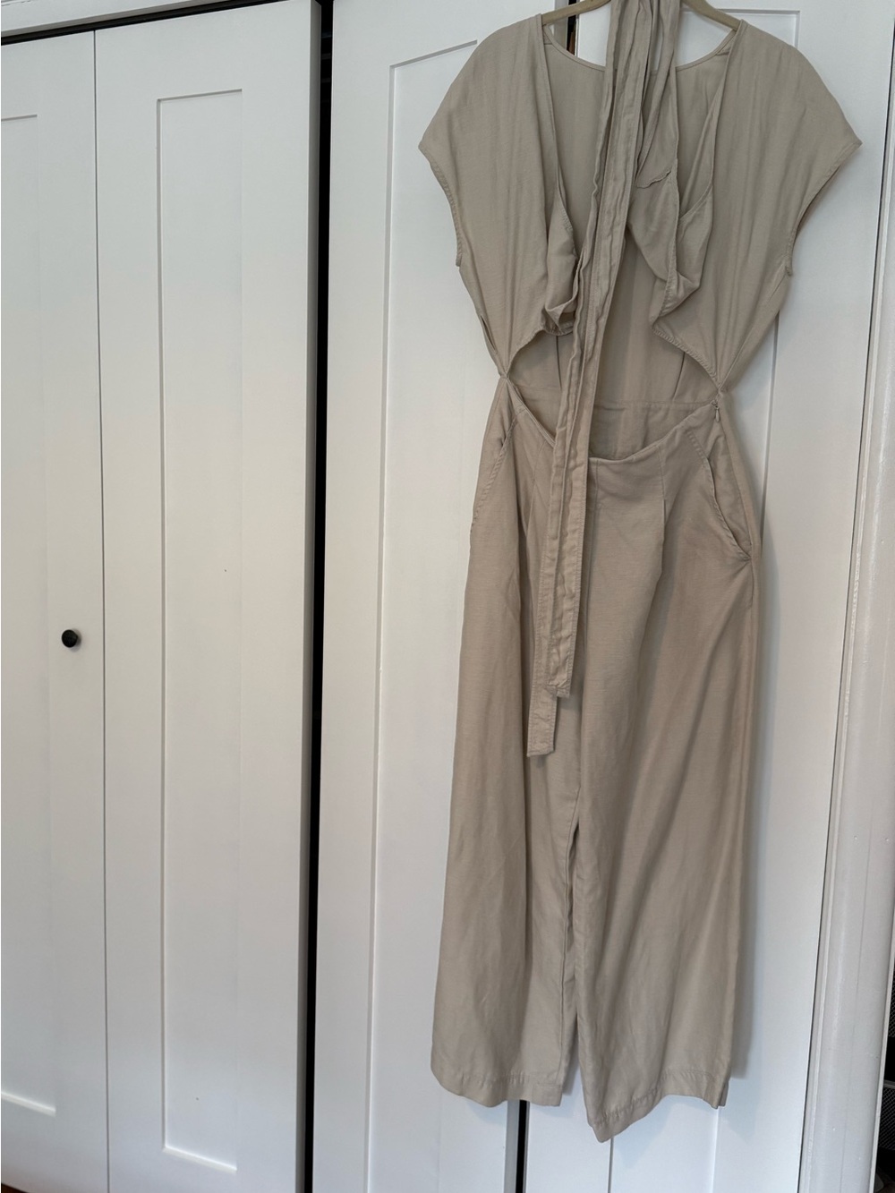 Aritzia Beige Cutout Tie-Waist Jumpsuit